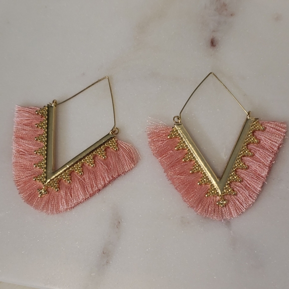 New Pink and Gold Fringe Triangle Earrings - Picture 3 of 4